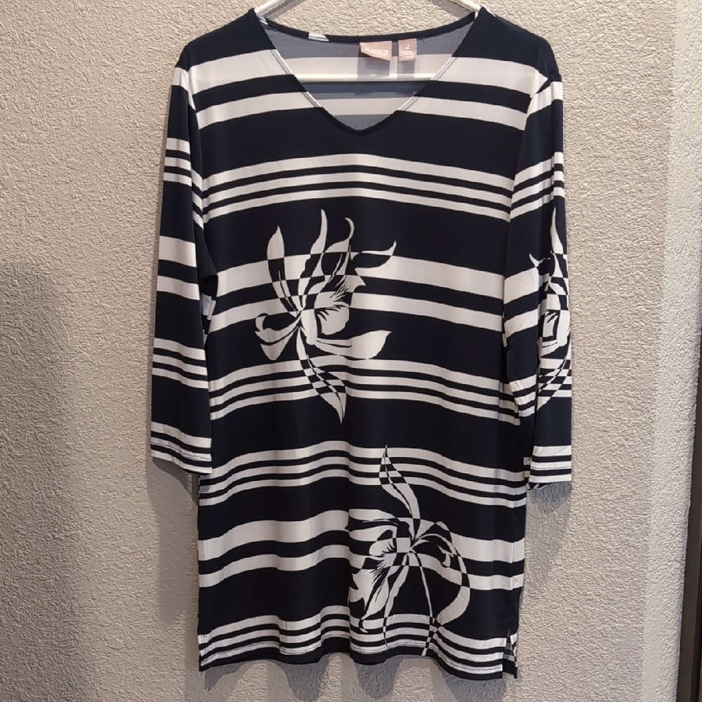 Chico's Size 2. Navy and White Striped Top